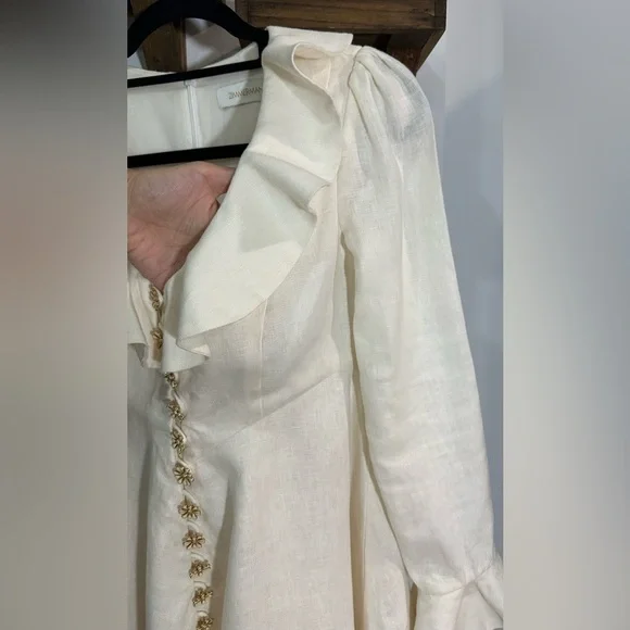 NWT Zimmermann Cream Linen Daisy Mini Dress Ruffle Long Sleeve AU 0P (US 2P) - Picture 10 of 16